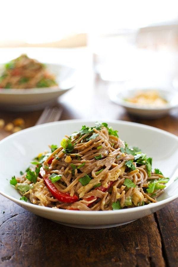 Peanut Chicken Soba Noodle Salad in a white bowl.