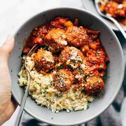 A picture of Chicken Meatballs with Peppers and Orzo