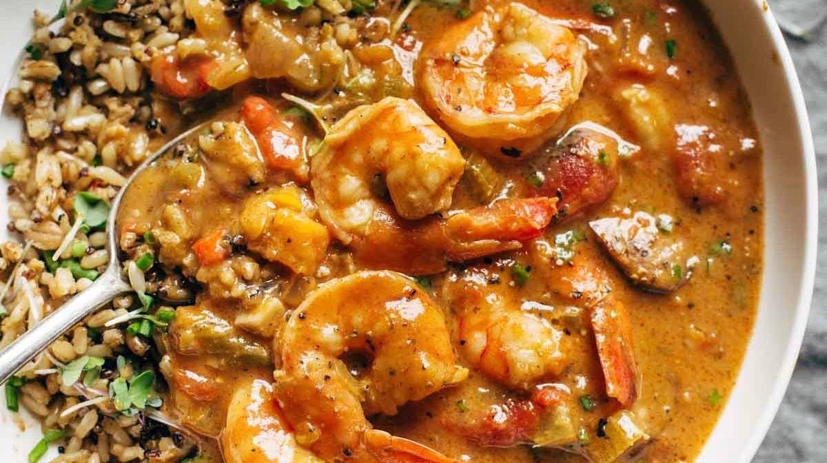 Spicy Gumbo in a bowl with rice.