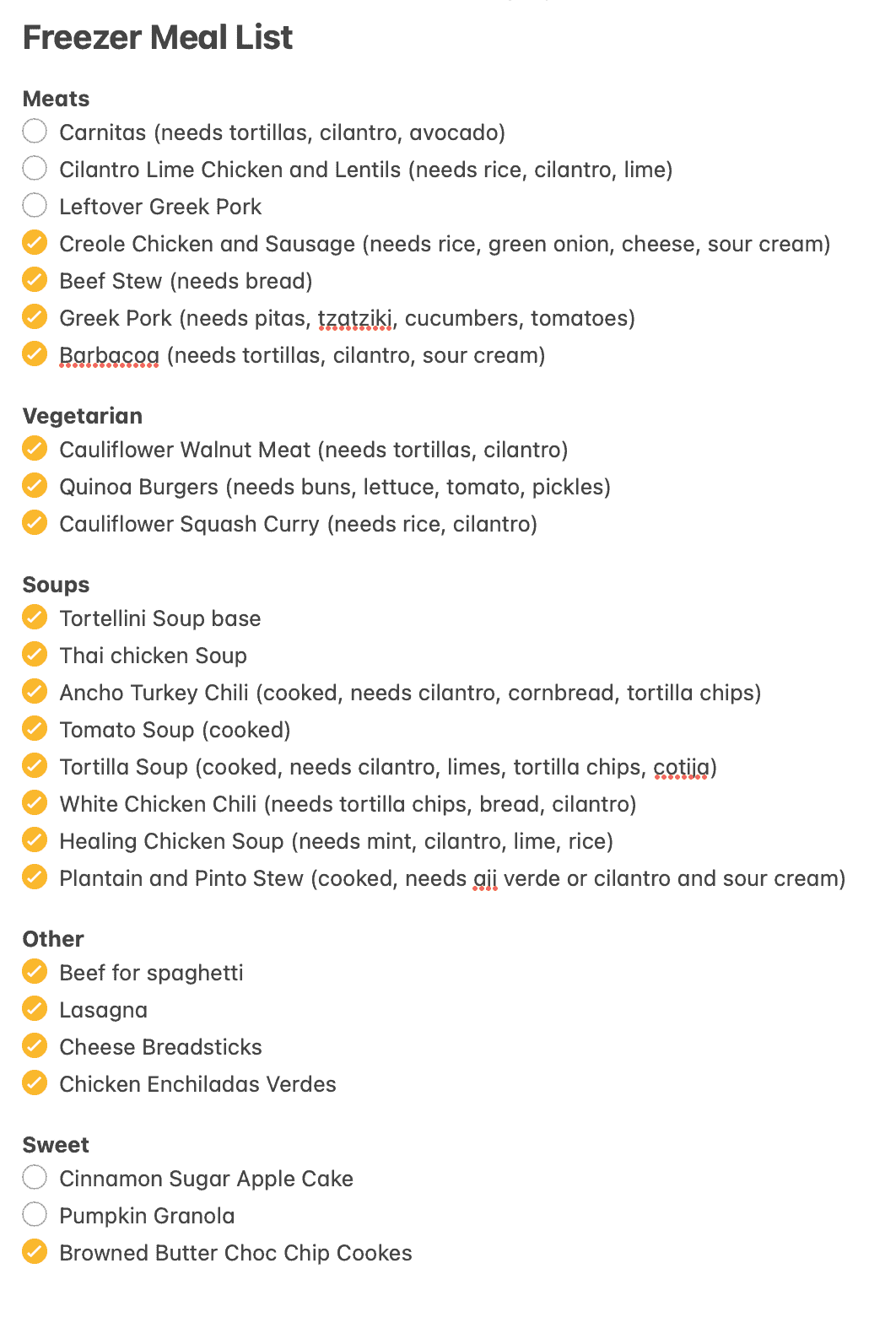 A list of freezer meal ideas.