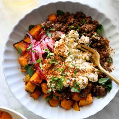 Sweet potato and beef bowls with street corn.
