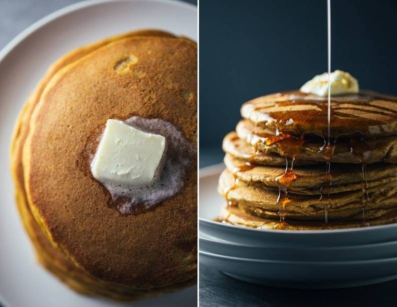 Pancakes with butter and syrup.