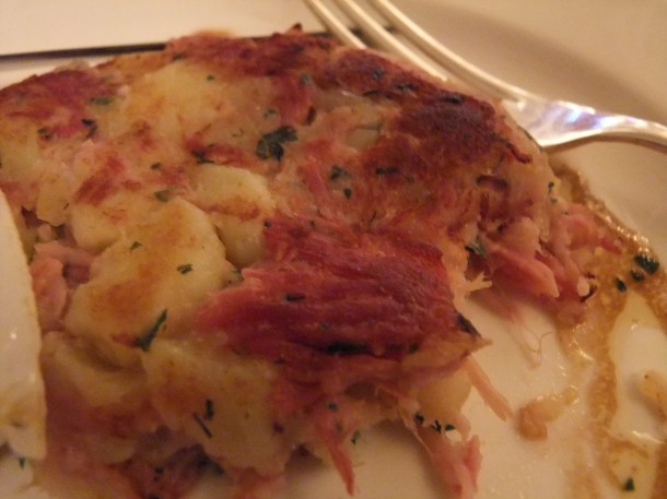 Close up of the ham hock hash with a fried duck egg at the Dean Street Townhouse