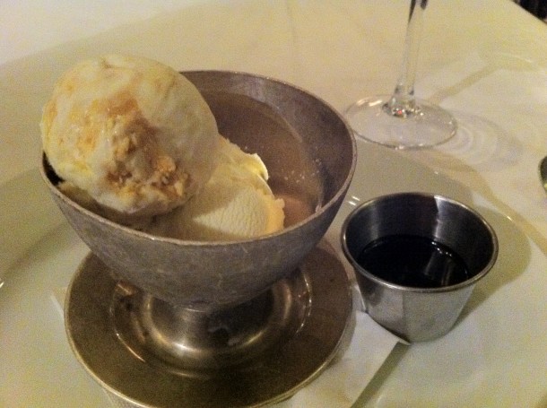 Honeycomb ice cream with chocolate sauce at Villandry