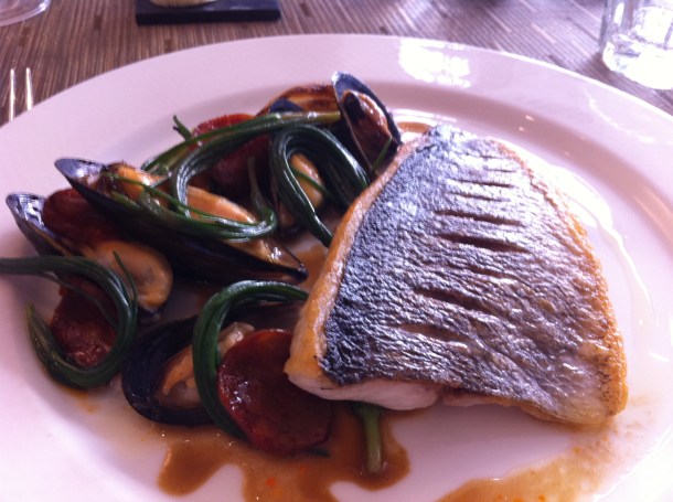 Sea bass with mussels and chorizo at Arbutus