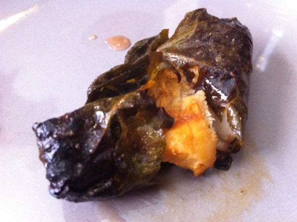 crocodile meat in vine leaves