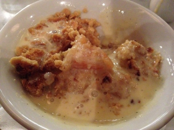 quince, apple and prune crumble with custard at Magdalen quince, apple and prune crumble with custard at magdalen