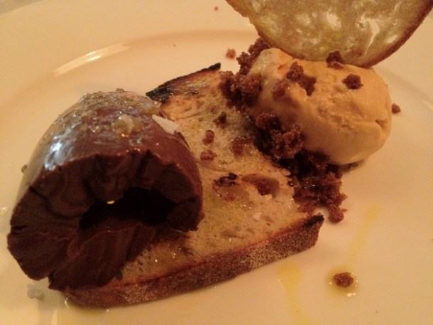 chocolate on toast with olive oil and hazelnut ice cream at Pizarro chocolate on toast with olive oil and hazlenut ice cream at pizarro