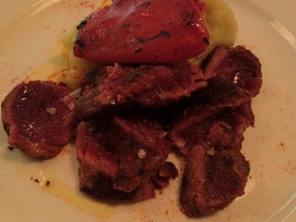 iberico pork fillet and olive oil mash at Pizarro iberico pork fillet and olive oil mashed potatoes with piquillo peppers at pizarro