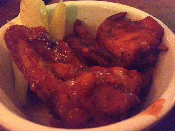 hot wings with pickled celery at Pitt Cue Soho hot wings with pickled celery at pitt cue soho