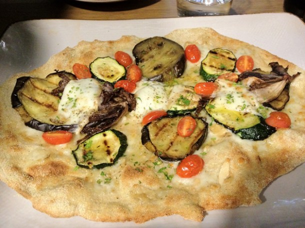 pizza topped with grilled aubergines, zucchini, radicchio, chopped parsley and smoked mozzarella at Obika pizza topped with grilled aubergines, zucchini, radicchio, chopped parsley and smoked mozzarella at obika