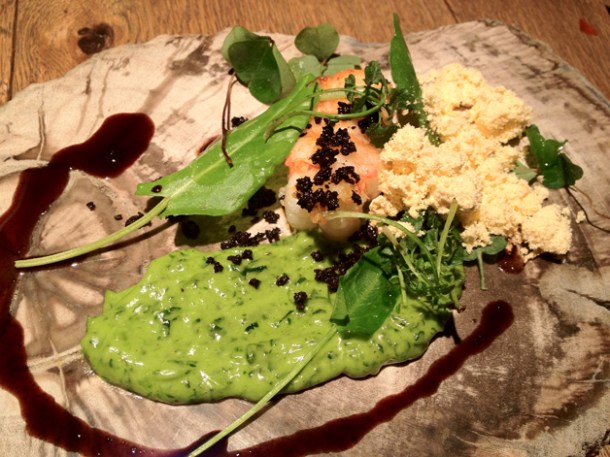 roast langoustine with black olive crumb at Tom Aikens roast langoustine with black olive crumb at tom aikens