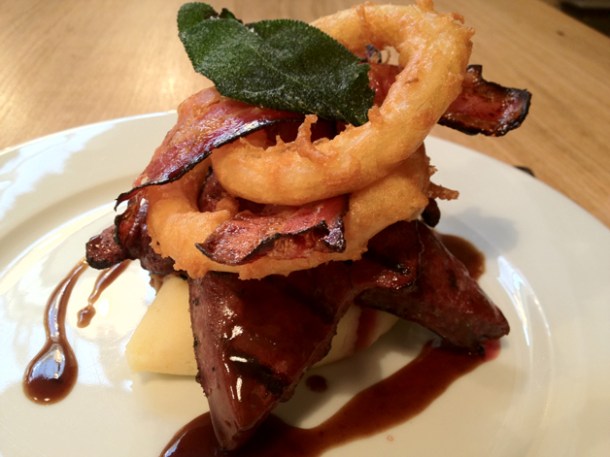 liver, bacon and onion rings at Tom's Kitchen Kensington and Chelsea liver, bacon and onion rings at tom's kitchen kensington and chelsea