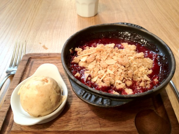 pear, plum and raspberry crumble with toasted almond ice cream at Tom's Kitchen Kensington and Chelsea pear, plum and raspberry crumble with toasted almond ice cream at tom's kitchen kensington and chelsea