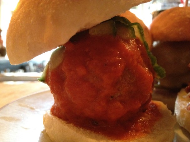 lamb and pickled cucumber mini burger at Spuntino lamb and pickled cucumber slider at spuntino