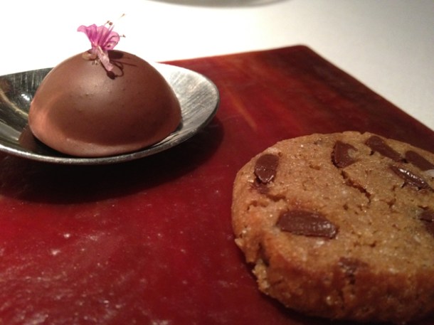 chocolate bonbon and chocolate chip cookie at Cinc Sentits chocolate bonbon and chocolate chip cookie at cinc sentits