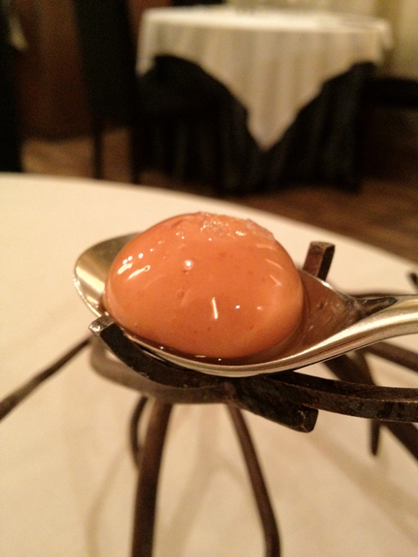 egg yolk amuse bouche at Manairó egg yolk amuse bouche at manairo