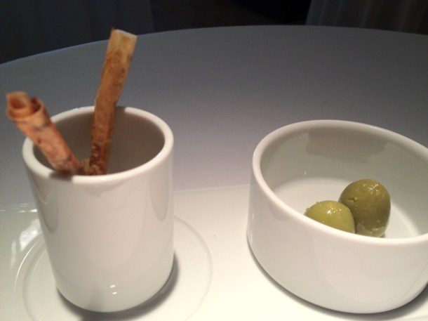 meat stuffed pastry and onion stuffed olives at Cinc Sentits meat stuffed pastry and onion stuffed olives at cinc sentits