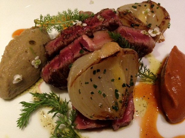 pork and smoked aubergine puree at Sauc pork and smoked aubergine puree at saüc