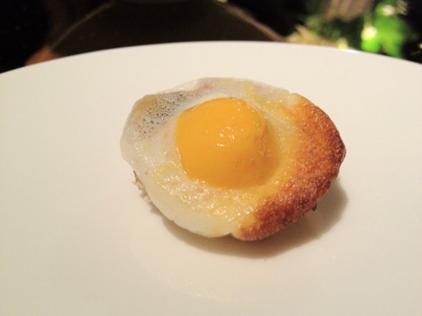 quail egg - carrot and mimolette on brown bread amuse bouche at moments mandarin oriental hotel barcelona