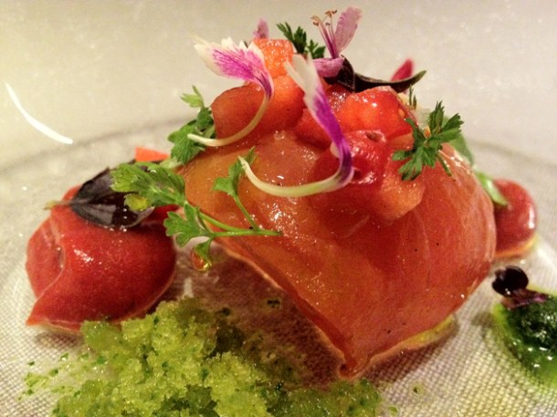 tomato in strawberry sauce with basil granita at Sauc tomato in strawberry sauce with basil granita at saüc