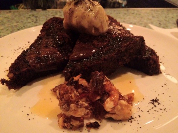 warm banana bread with cinnamon butter and candied walnuts at La Bodega Negra warm banana bread with cinnamon sorbet and candied walnuts at la bodega negra