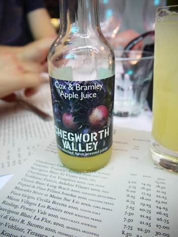 Chegworth Valley apple juice at the Rivington Grill Shoreditch chegworth valley apple juice at the rivington grill shoreditch