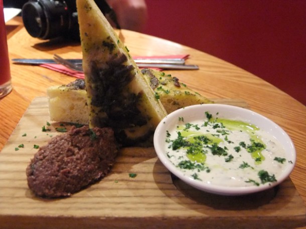 Kalamata caper - tzatziki and tapenade with focaccia at Terre a Terre kalamata caper - tzatziki and tapenade with focaccia at terre a terre