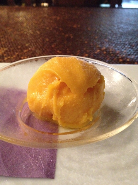 mango sorbet accompanying the passion fruit souffle at T8 mango sorbet accompanying the passion fruit souffle at t8