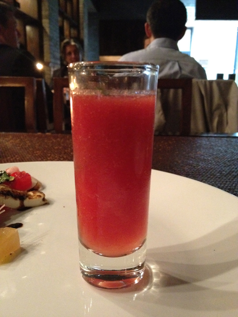 watermelon gazpacho shot accompanying the watermelon salad at T8 watermelon gazpacho shot accompanying the watermelon salad at t8