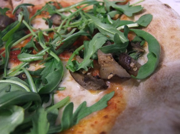 close up of aubergine and rocket Pizza Pilgrims close up of eggplant and rocket pizza pilgrims