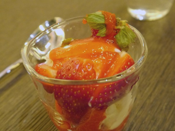 mascarpone ice cream with strawberry coulis and Thai basil at Naamyaa Cafe mascarpone ice cream with strawberry coulis and thai basil at naamyaa cafe