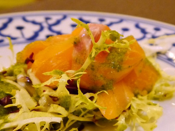 salmon sashimi with Thai pesto at Naamyaa Cafe salmon sashimi with thai pesto at naamyaa cafe