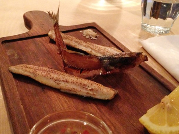 blow torched sardine with skeleton at season