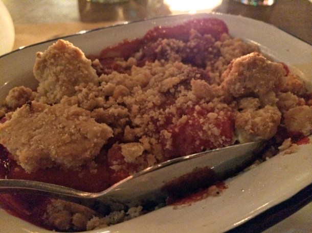 apple and blackcurrant crumble at ape and bird