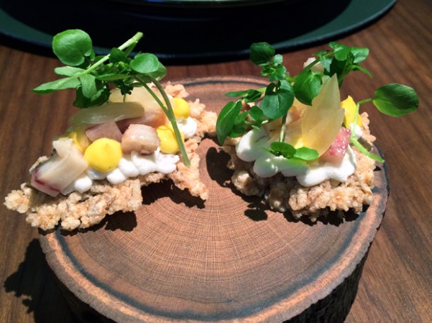 puffed barley, smoked eel and watercress at fera at claridge's