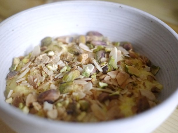 saffron buttermilk pudding with toasted almonds and pistachios at rawduck