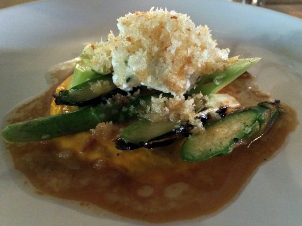 asparagus, ricotta, carrot mayonnaise with pork juices at heirloom crouch end