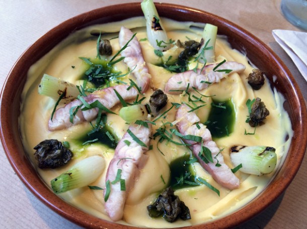 smoked eel with fava bean puree at opso