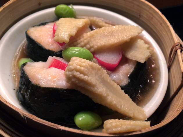 prawn, crab and seaweed shu mai at crazy bear