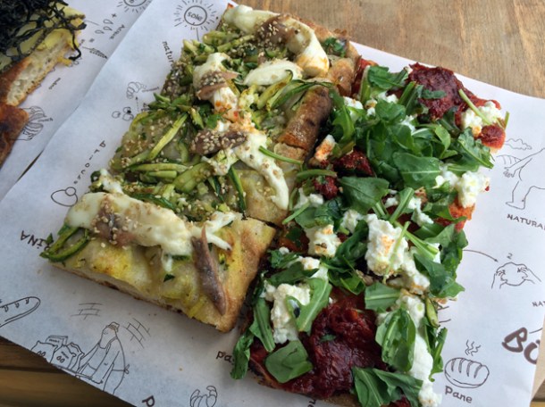 anchovies and cucumber pizza, ricotta and spiced tomato pizza from pizzarium rome