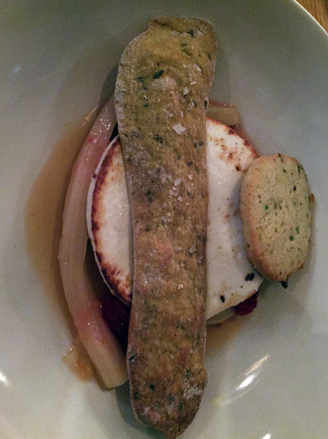 pan fried goat's cheese, cookies, poached rhubarb and orange at peckham bazaar
