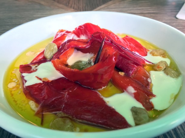roasted peppers, creme fraiche and pickled raisins in olive oil at the wigmore