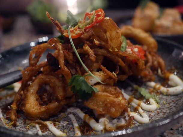 squid, samphire and onion pakoras at temper city