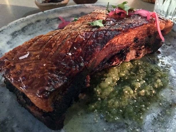 pork belly chicarrones at breddos tacos soho