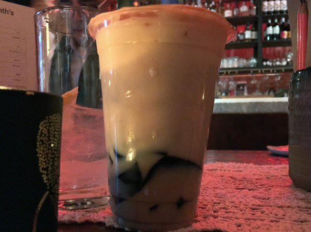jasmine milk tea with black glass jelly at bao and bing
