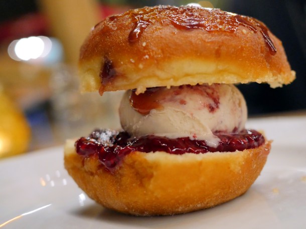 illustrative photo of the raspberry jam doughnut ice cream sandwich at Perry Hill Pub