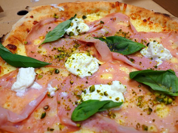 illustrative photo of the mortadella, ricotta and pistachio pizza from Flatboys Kennington