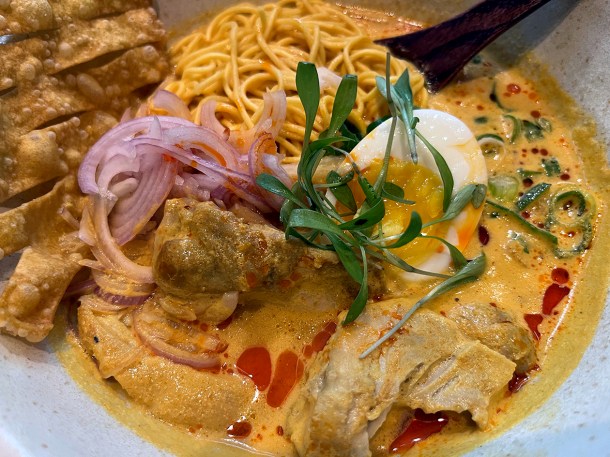 illustrative photo of the chicken coconut noodles at Lahpet West End