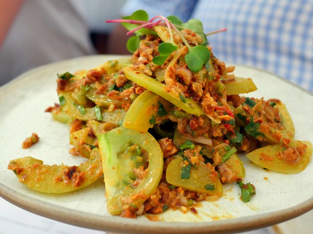 illustrative photo of the green tomato salad at Lahpet West End